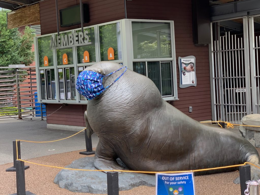 masked walrus statue at zoo entrance