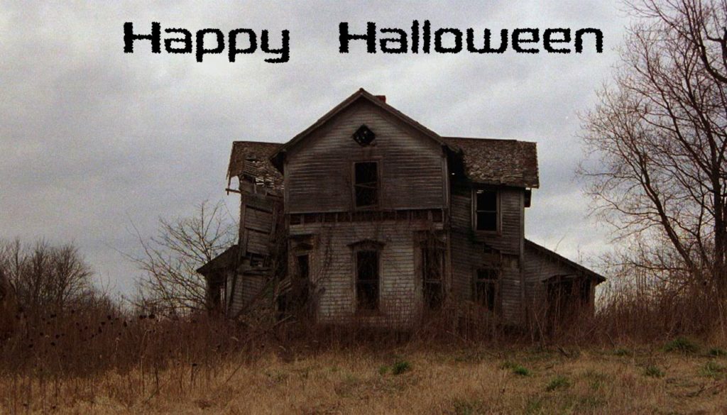 spooky looking house, "Happy Halloween"