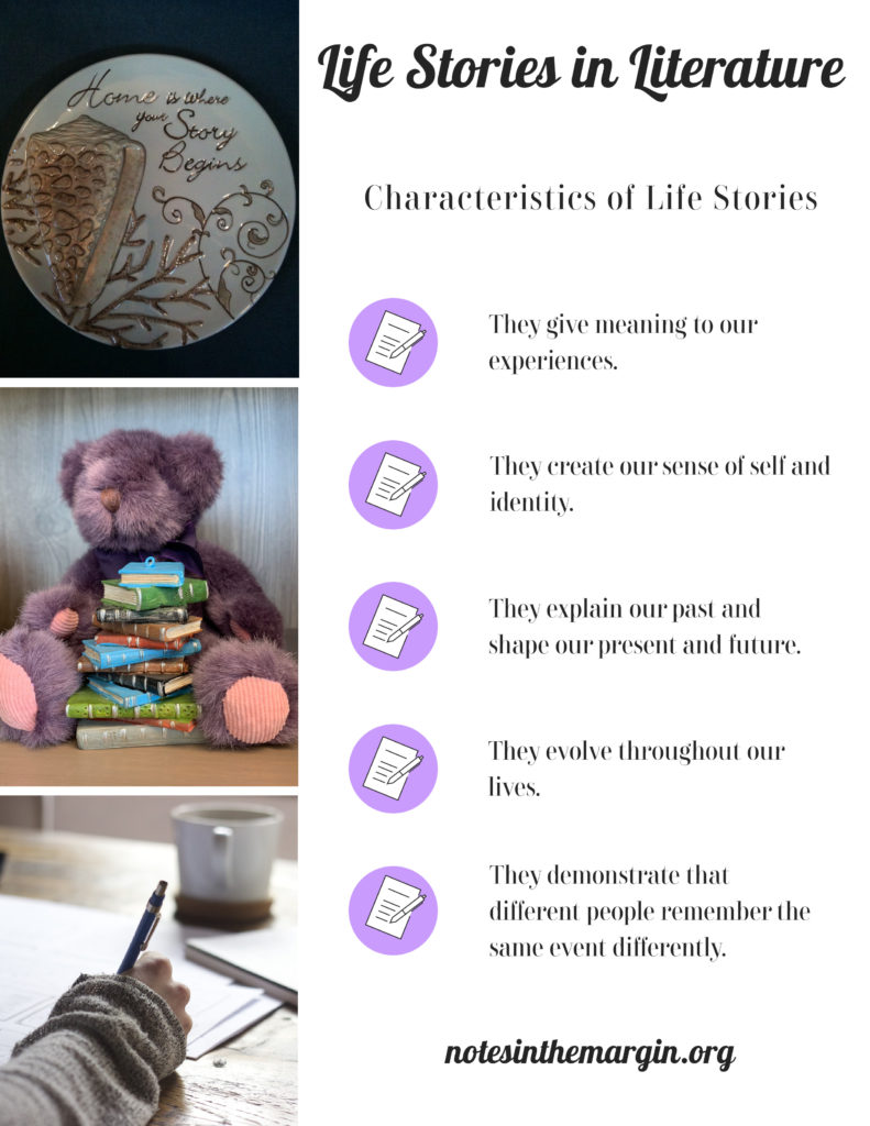 Infographic: Life Stories in Literature / Characteristics of Life Stories: They give meaning to our experiences. They create our sense of self and identity. They explain our past and shape our present and future. They evolve throughout our lives. They demonstrate that different people remember the same event differently.