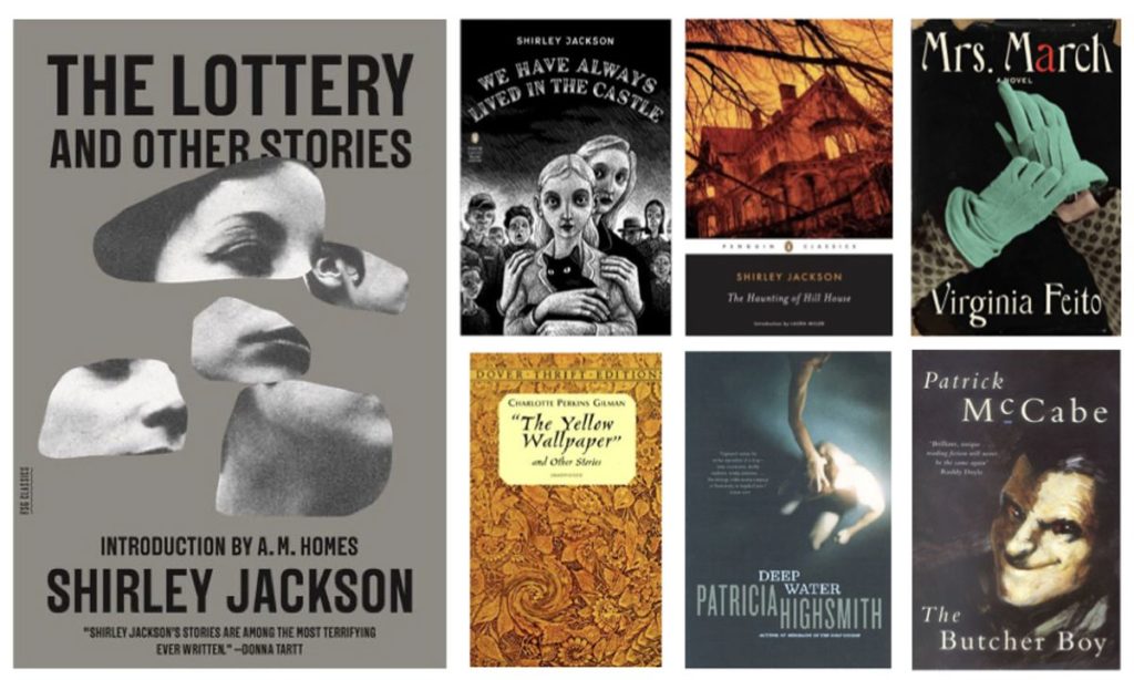 book covers: The Lottery, We Have Always Lived in the Castle, The Haunting of Hill House, Mrs. March, The Yellow Wallpaper, Deep Water, The Butcher Boy