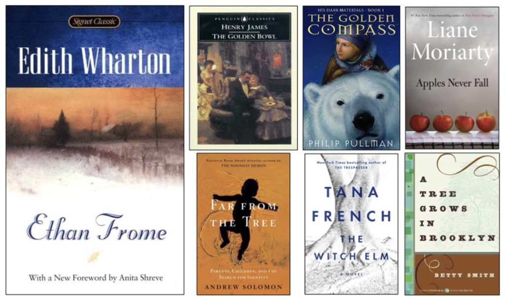 Book covers: Ethan Frome by Edith Wharton, The Golden Bowl by Henry James, The Golden Compass by Philip Pullman, Apples Never Fall by Liane Moriarty, Far From the Tree by Andrew Solomon, The Witch Elm by Tana French, A Tree Grows in Brooklyn by Betty Smith