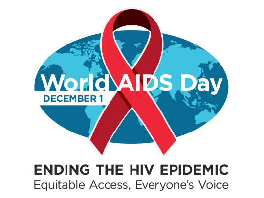 Logo of World AIDS Day: blue oval map of the world with red looped ribbon overlay. Text: World AIDS Day December 1. Ending the HIV epidemic. Equitable Access, Everyone's Voice