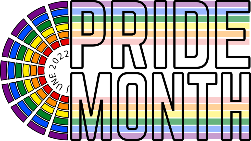 Rainbow graphic with text: Pride Month June 2022