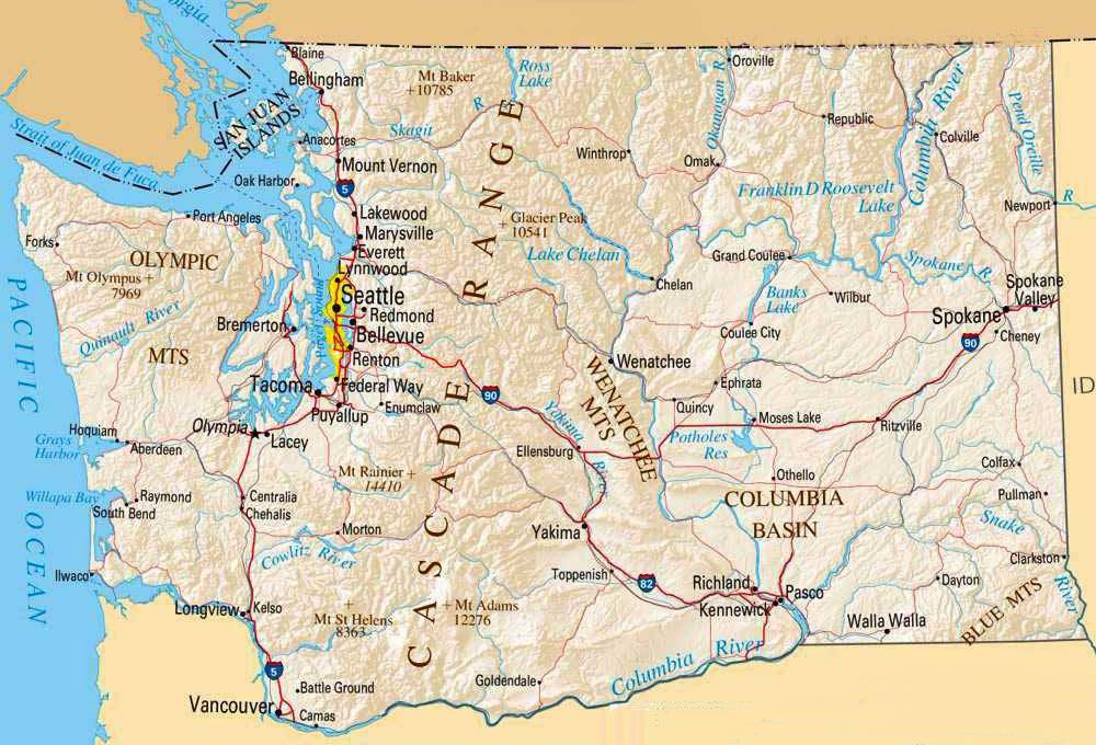 Map of Washington State, USA