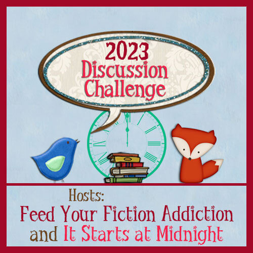 light blue square with text: 2023 Discussion Challenge. Hosts: Feed Your Fiction Addiction and It Starts at Midnight