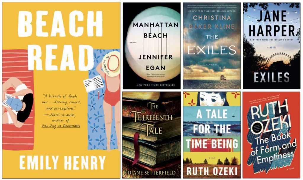 Book covers: Beach Read by Emily Henry; Manhattan Beach by Jennifer Egan; The Exiles by Christina Baker Kline; Exiles by Jane Harper; The Thirteenth Tale by Diane Setterfield; A Tale for the Time Being by Ruth Ozeki; The Book of Form and Emptiness by Ruth Ozeki