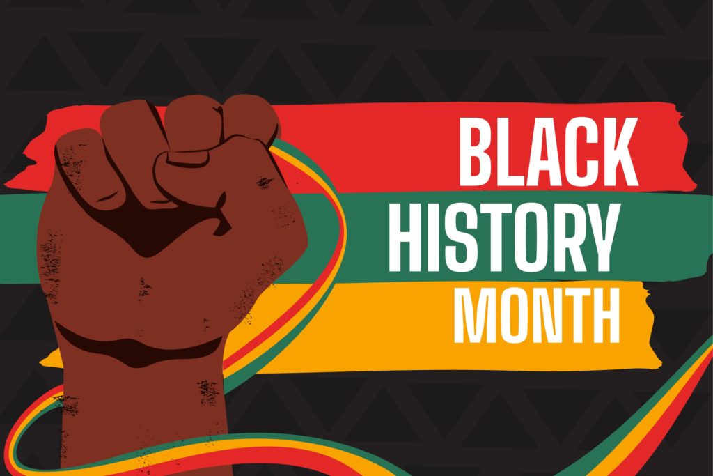 Foreground: a brown fist. Background: stacked color stripes--red, green, gold--with words: Black History Month.