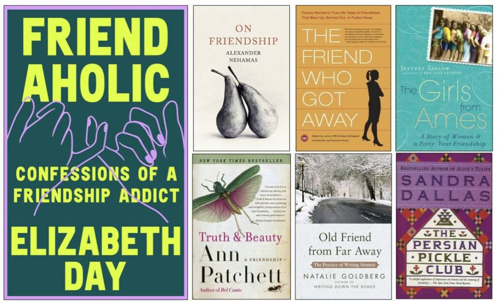 Book covers: Friendaholic by Elizabeth Day; On Friendship by Alexander Nehamas; The Friend Who Got Away, edited by Jenny Offill and Elissa Schappel; The Girls from Ames by Jeffrey Zaslow; Truth & Beauty by Ann Patchett; Old Friend from Far Away by Natalie Goldberg; The Persian Pickle Club by Sandra Dallas