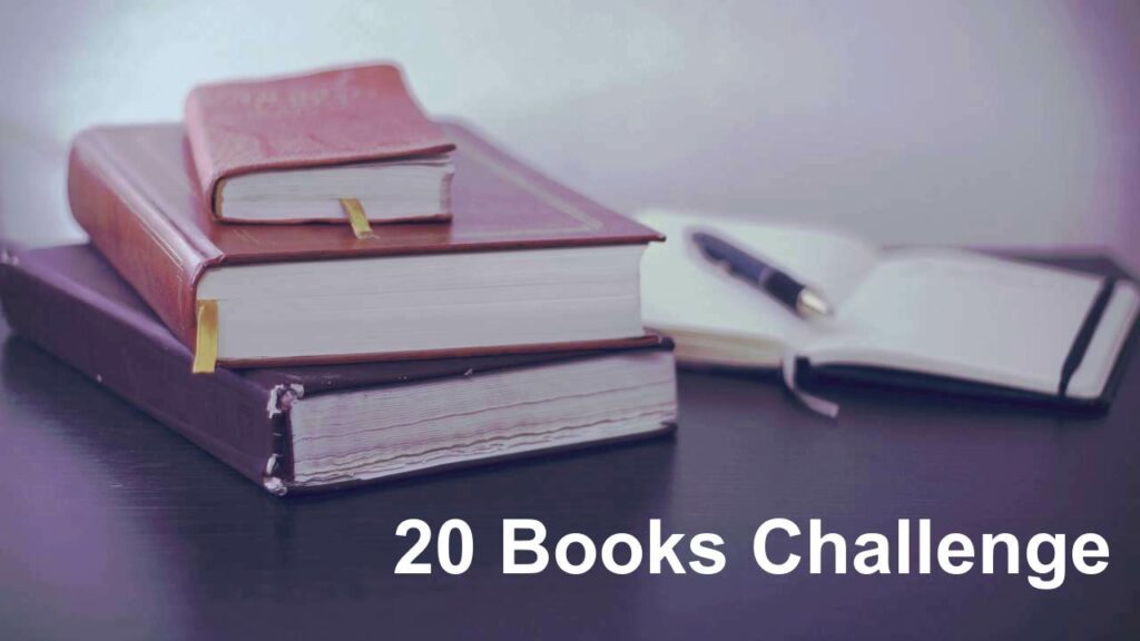 Background: 3 stacked, closed books; open notebook with pen on top. Text: 20 Books Challenge