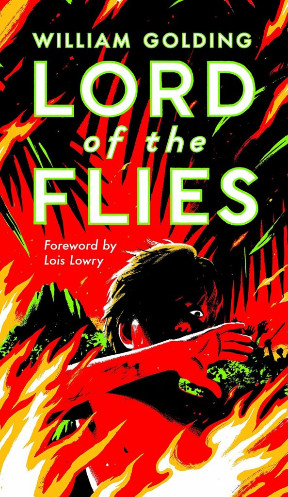 Book cover: outline of black jungle vegetation on red background, with gold-edged flames along bottom. Text: Lord of the Flies, William Golding.